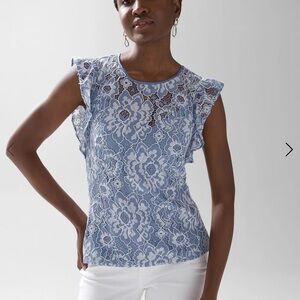 NWOT…WHBM Chic Blue Blouse Lace with Elegant Ruffle Sleeves size 8